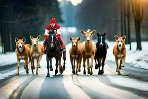 un' uomo nel rosso equitazione un' cavallo attraverso un' gruppo di cavalli. ai-generato foto