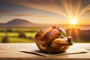 pollo su un' di legno tavolo con un' tramonto nel il sfondo. ai-generato foto