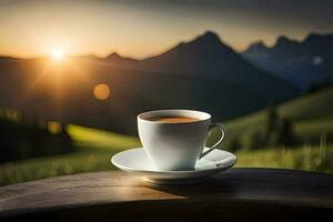 caffè tazza su il tavolo nel il montagne. ai-generato foto