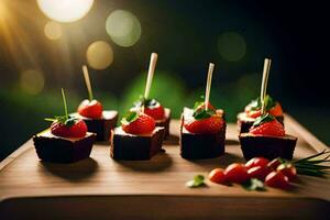 piccolo cioccolato barre con fragole e menta su superiore. ai-generato foto