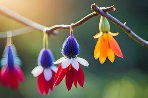 colorato fiori sospeso a partire dal un' ramo. ai-generato foto