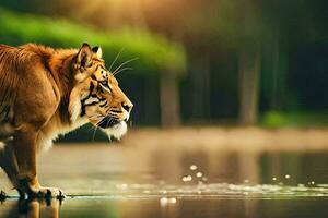 un' tigre a piedi attraverso il acqua nel davanti di un' foresta. ai-generato foto