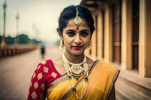 un' bellissimo indiano donna indossare un' tradizionale sari. ai-generato foto