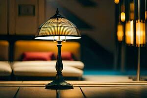 un' lampada su un' tavolo nel davanti di un' divano. ai-generato foto