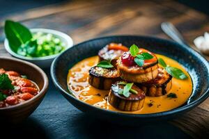 un' ciotola di cibo con carne e verdure. ai-generato foto