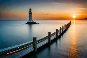 un' faro sta su il acqua a tramonto. ai-generato foto