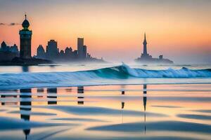 il città orizzonte è riflessa nel il acqua a tramonto. ai-generato foto