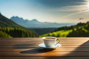 un' tazza di caffè su un' di legno tavolo nel il montagne. ai-generato foto