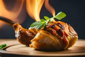 grigliato pollo su un' di legno piatto con un' forchetta. ai-generato foto