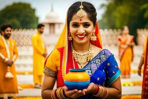 un' donna nel tradizionale indiano vestito Tenere un' pentola. ai-generato foto