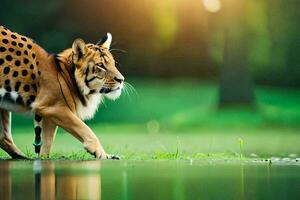 un' tigre a piedi attraverso il erba vicino acqua. ai-generato foto