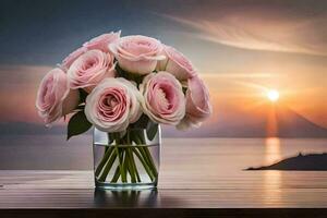rosa Rose nel un' vaso su un' tavolo con il sole ambientazione. ai-generato foto