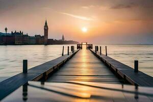 un' molo allungamento in il acqua a tramonto. ai-generato foto