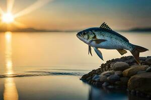 un' pesce è salto su di il acqua a tramonto. ai-generato foto