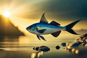 un' pesce è volante al di sopra di il acqua a tramonto. ai-generato foto