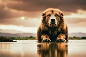 un' Leone seduta nel il acqua a tramonto. ai-generato foto