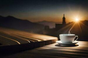 un' tazza di caffè su un' di legno tavolo con un' libro nel il sfondo. ai-generato foto
