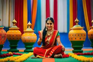 un' donna nel tradizionale indiano abbigliamento si siede su un' colorato pavimento. ai-generato foto