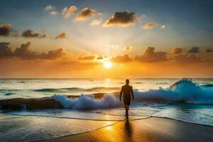 un' uomo passeggiate su il spiaggia a tramonto. ai-generato foto