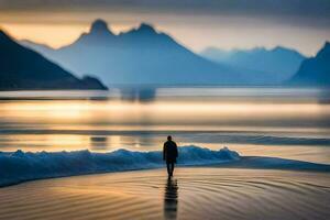 un' uomo a piedi lungo il spiaggia a tramonto. ai-generato foto