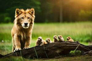 un' Leone e il suo cuccioli in piedi su un' tronco d'albero. ai-generato foto