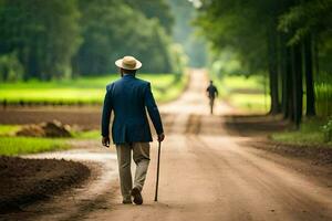 un' uomo a piedi giù un' sporco strada con un' canna. ai-generato foto