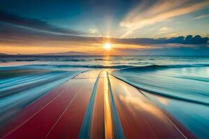 un' lungo esposizione fotografia di un' tavola da surf nel il oceano. ai-generato foto
