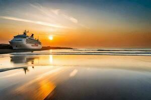 un' crociera nave su il spiaggia a tramonto. ai-generato foto