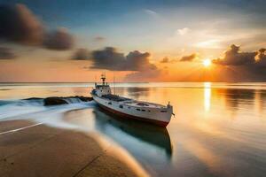 un' barca si siede su il spiaggia a tramonto. ai-generato foto