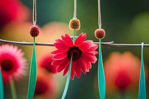 rosso fiori sospeso a partire dal un' corda. ai-generato foto