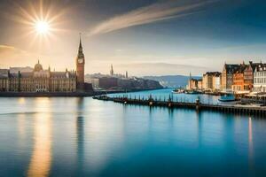 il sole brilla brillantemente al di sopra di il città di Copenaghen. ai-generato foto