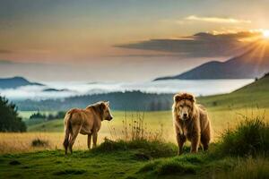 Due leoni nel il montagne. ai-generato foto