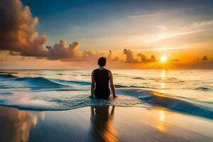 un' donna si siede su il spiaggia a tramonto. ai-generato foto