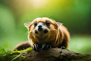 un' piccolo animale con grande occhi seduta su un' tronco d'albero. ai-generato foto