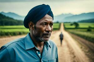 un' uomo indossare un' turbante su un' sporco strada. ai-generato foto