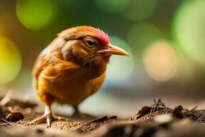 un' piccolo uccello con un' rosso testa in piedi su il terra. ai-generato foto