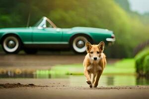 un' cane a piedi nel davanti di un' verde macchina. ai-generato foto