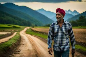 un indiano uomo nel un' turbante a piedi giù un' sporco strada. ai-generato foto