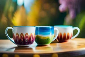 tre colorato caffè tazze su un' di legno tavolo. ai-generato foto