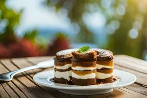 cioccolato torta su un' piatto con un' forchetta. ai-generato foto