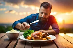 un' uomo è mangiare un' pasto con un' forchetta e coltello. ai-generato foto