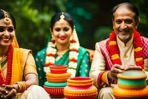 un' coppia e loro famiglia siamo seduta insieme nel tradizionale indiano abbigliamento. ai-generato foto