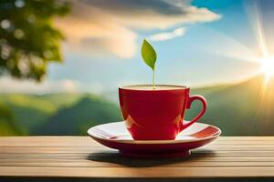 un' tazza di caffè con un' verde pianta su il piattino. ai-generato foto