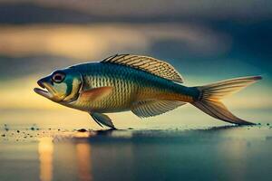 un' pesce è a piedi su il spiaggia a tramonto. ai-generato foto