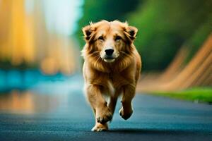 un' d'oro cane da riporto in esecuzione su un' strada. ai-generato foto