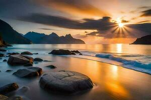 tramonto al di sopra di il oceano con rocce e acqua. ai-generato foto