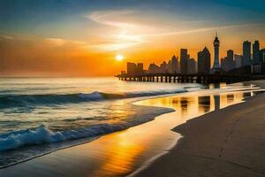 il sole imposta al di sopra di il città orizzonte nel dubai. ai-generato foto