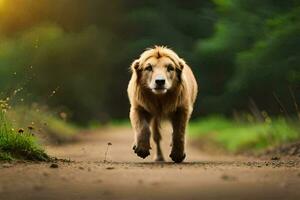 un' cane a piedi giù un' sporco strada. ai-generato foto