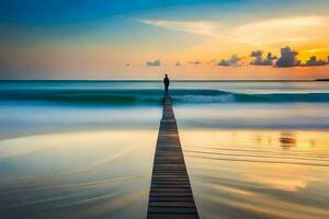 un' uomo sta su un' di legno molo guardare su a il oceano a tramonto. ai-generato foto