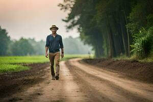 un' uomo a piedi giù un' sporco strada nel il mezzo di un' campo. ai-generato foto